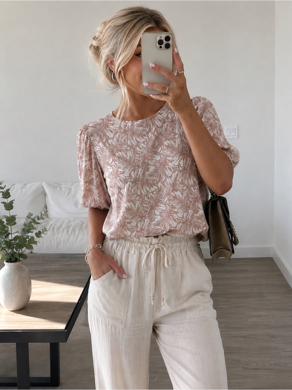 Zara Basic Tropical Leaf Print Blouse | Cream and Taupe | Size XS